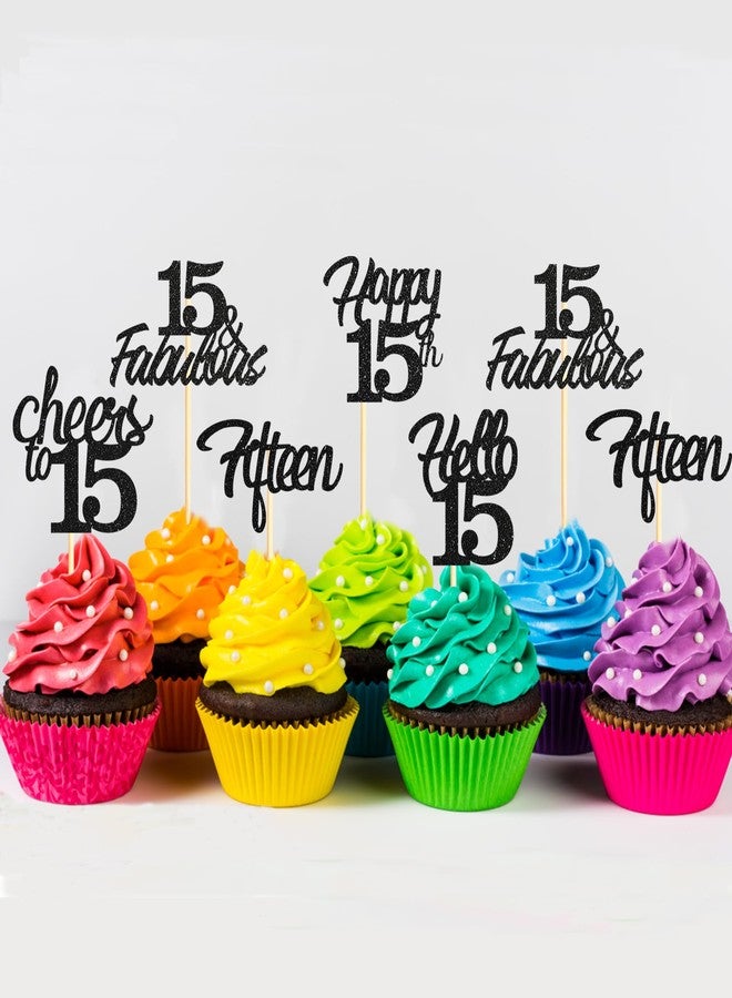 Sotpot 30 Pack 15th Birthday Cupcake Toppers Hello 15 Cheers to 15 Years Cupcake Picks for 15th Birthday Anniversary Party Cake Decorations Black Glitter - Image 4